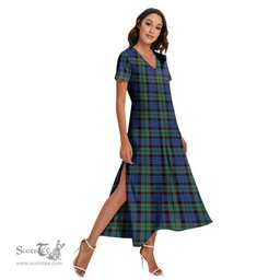 ScotsTee Shop Scottish Fletcher Ancient Clan Tartan Womens Fitted V-neck Side Slit Maxi Dress