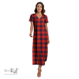 ScotsTee Shop Scottish Fraser Modern Clan Tartan Womens Fitted V-neck Side Slit Maxi Dress