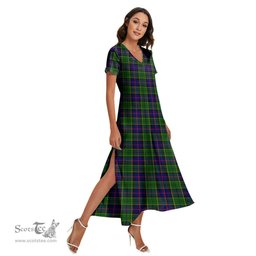 ScotsTee Shop Scottish Forsyth Modern Clan Tartan Womens Fitted V-neck Side Slit Maxi Dress