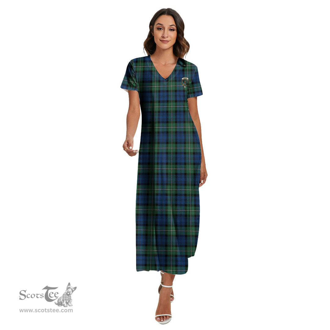 ScotsTee Shop Scottish Forbes Ancient Clan Crest Tartan Womens Fitted V-neck Side Slit Maxi Dress
