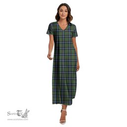 ScotsTee Shop Scottish Cochrane Ancient Clan Tartan Womens Fitted V-neck Side Slit Maxi Dress