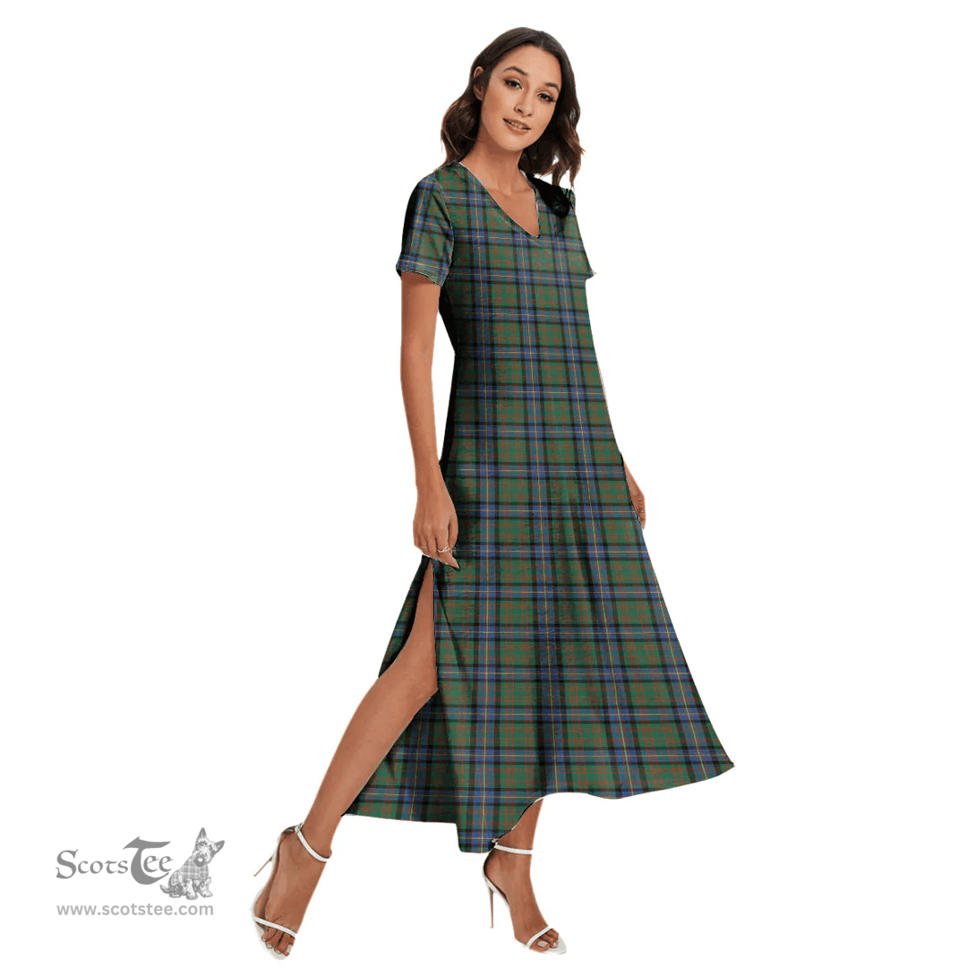 ScotsTee Shop Scottish Cochrane Ancient Clan Tartan Womens Fitted V-neck Side Slit Maxi Dress