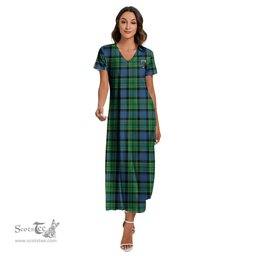 ScotsTee Shop Scottish Forsyth Ancient Clan Crest Tartan Womens Fitted V-neck Side Slit Maxi Dress