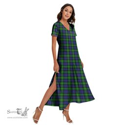 ScotsTee Shop Scottish Gordon Modern Clan Tartan Womens Fitted V-neck Side Slit Maxi Dress