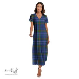 ScotsTee Shop Scottish Edmonstone Clan Tartan Womens Fitted V-neck Side Slit Maxi Dress