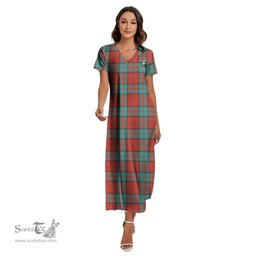 ScotsTee Shop Scottish Dunbar Ancient Clan Crest Tartan Womens Fitted V-neck Side Slit Maxi Dress