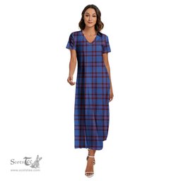 ScotsTee Shop Scottish Elliot Modern Clan Tartan Womens Fitted V-neck Side Slit Maxi Dress