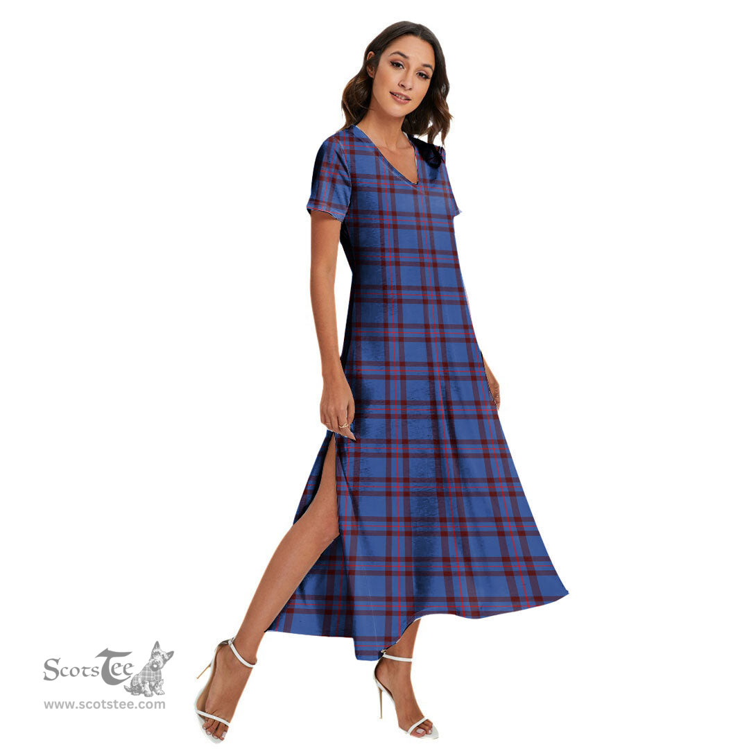 ScotsTee Shop Scottish Elliot Modern Clan Tartan Womens Fitted V-neck Side Slit Maxi Dress