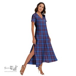 ScotsTee Shop Scottish Elliot Modern Clan Tartan Womens Fitted V-neck Side Slit Maxi Dress