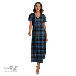 ScotsTee Shop Scottish Clergy Blue Clan Tartan Womens Fitted V-neck Side Slit Maxi Dress