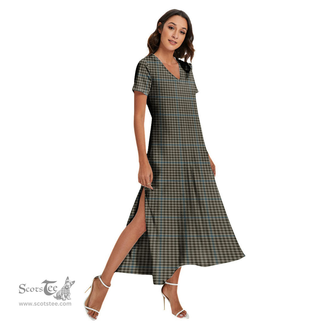 ScotsTee Shop Scottish Haig Check Clan Tartan Womens Fitted V-neck Side Slit Maxi Dress