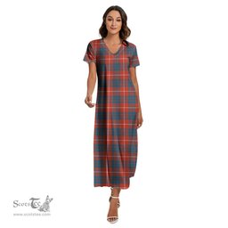 ScotsTee Shop Scottish Hamilton Ancient Clan Tartan Womens Fitted V-neck Side Slit Maxi Dress