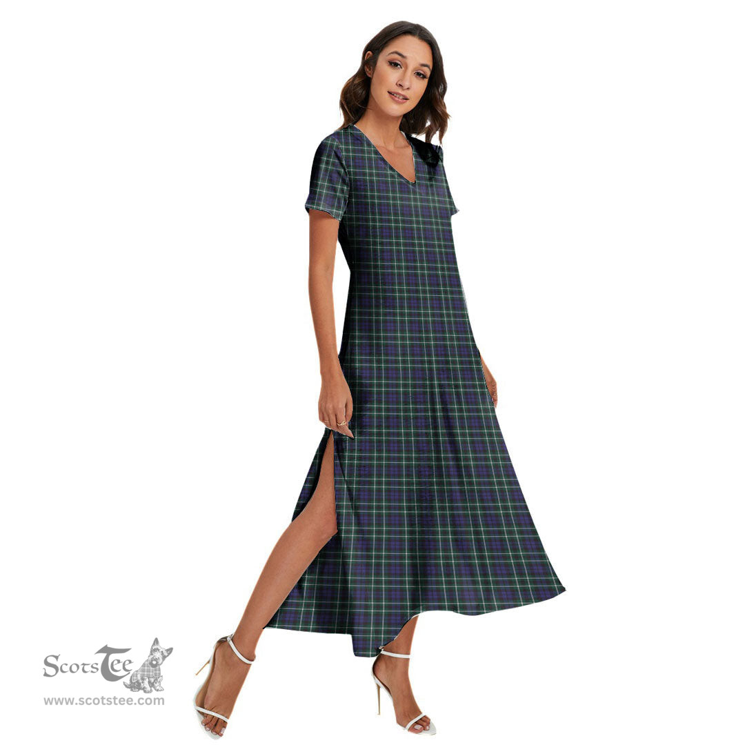 ScotsTee Shop Scottish Graham of Montrose Modern Clan Tartan Womens Fitted V-neck Side Slit Maxi Dress