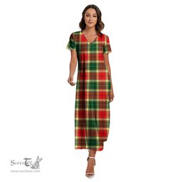 ScotsTee Shop Scottish Gibbs Clan Tartan Womens Fitted V-neck Side Slit Maxi Dress