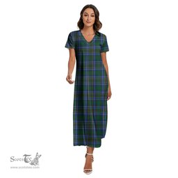 ScotsTee Shop Scottish Cockburn Ancient Clan Tartan Womens Fitted V-neck Side Slit Maxi Dress