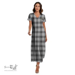 ScotsTee Shop Scottish Douglas Grey Modern Clan Crest Tartan Womens Fitted V-neck Side Slit Maxi Dress