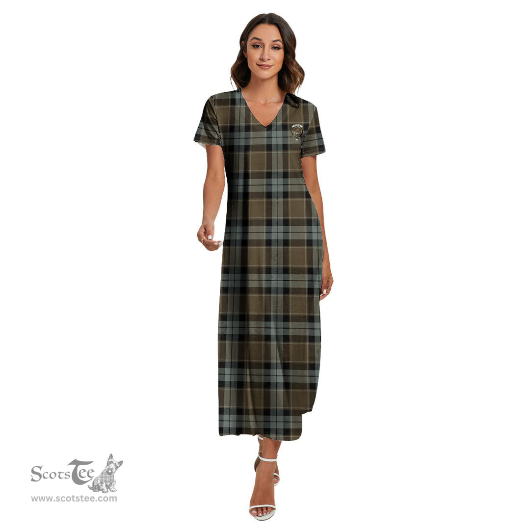 ScotsTee Shop Scottish Graham of Menteith Weathered Clan Crest Tartan Womens Fitted V-neck Side Slit Maxi Dress