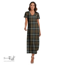 ScotsTee Shop Scottish Graham of Menteith Weathered Clan Crest Tartan Womens Fitted V-neck Side Slit Maxi Dress