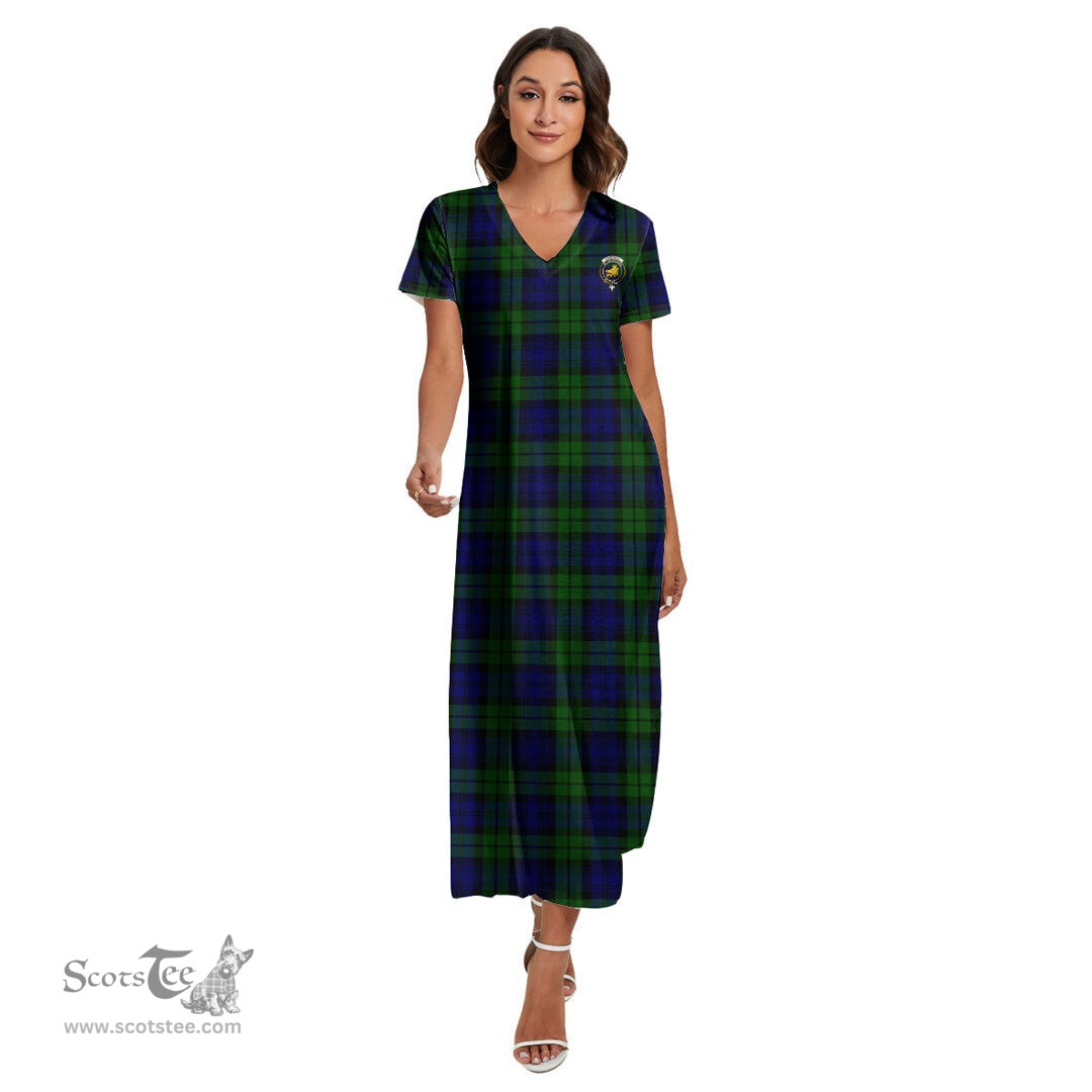 ScotsTee Shop Scottish Campbell Modern Clan Crest Tartan Womens Fitted V-neck Side Slit Maxi Dress