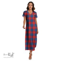 ScotsTee Shop Scottish Galloway Red Clan Crest Tartan Womens Fitted V-neck Side Slit Maxi Dress