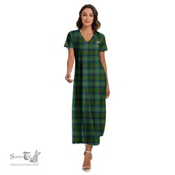 ScotsTee Shop Scottish Cranstoun Clan Crest Tartan Womens Fitted V-neck Side Slit Maxi Dress
