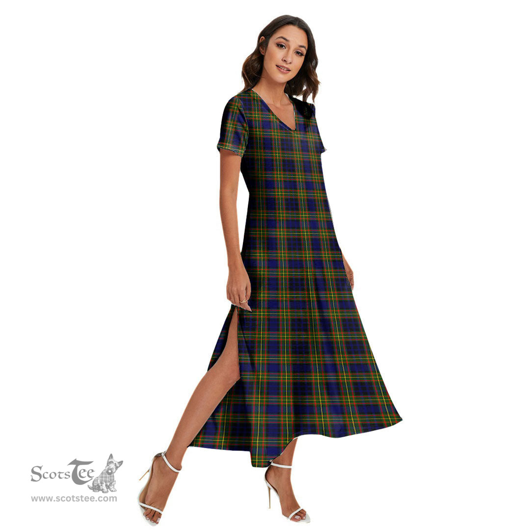 ScotsTee Shop Scottish Clelland Modern Clan Tartan Womens Fitted V-neck Side Slit Maxi Dress