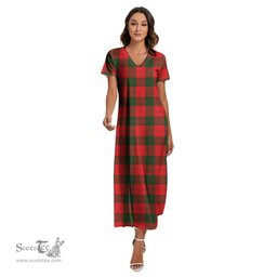ScotsTee Shop Scottish Erskine Modern Clan Tartan Womens Fitted V-neck Side Slit Maxi Dress