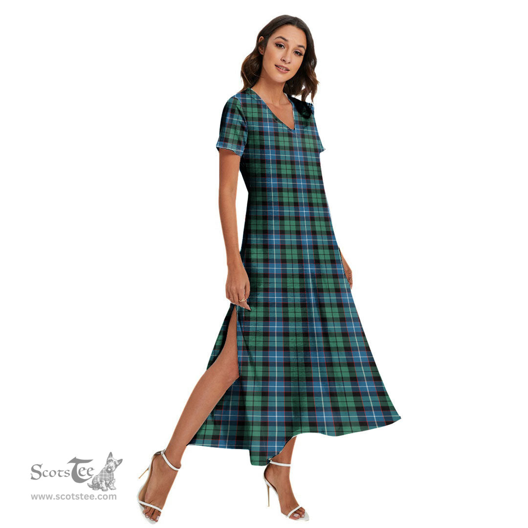 ScotsTee Shop Scottish Galbraith Ancient Clan Tartan Womens Fitted V-neck Side Slit Maxi Dress