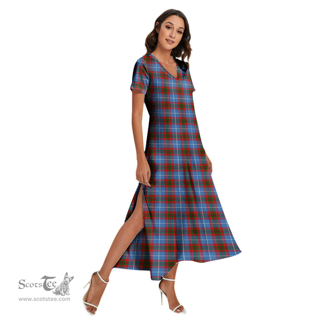 ScotsTee Shop Scottish Edinburgh District Clan Tartan Womens Fitted V-neck Side Slit Maxi Dress