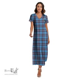 ScotsTee Shop Scottish Elliot Ancient Clan Crest Tartan Womens Fitted V-neck Side Slit Maxi Dress