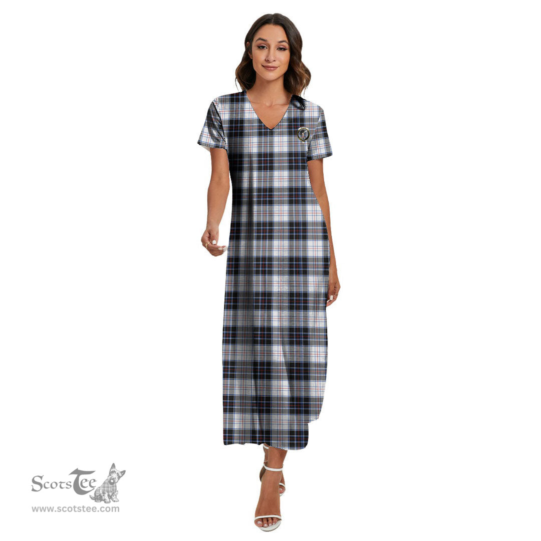 ScotsTee Shop Scottish MacRae Dress Modern Clan Crest Tartan Womens Fitted V-neck Side Slit Maxi Dress