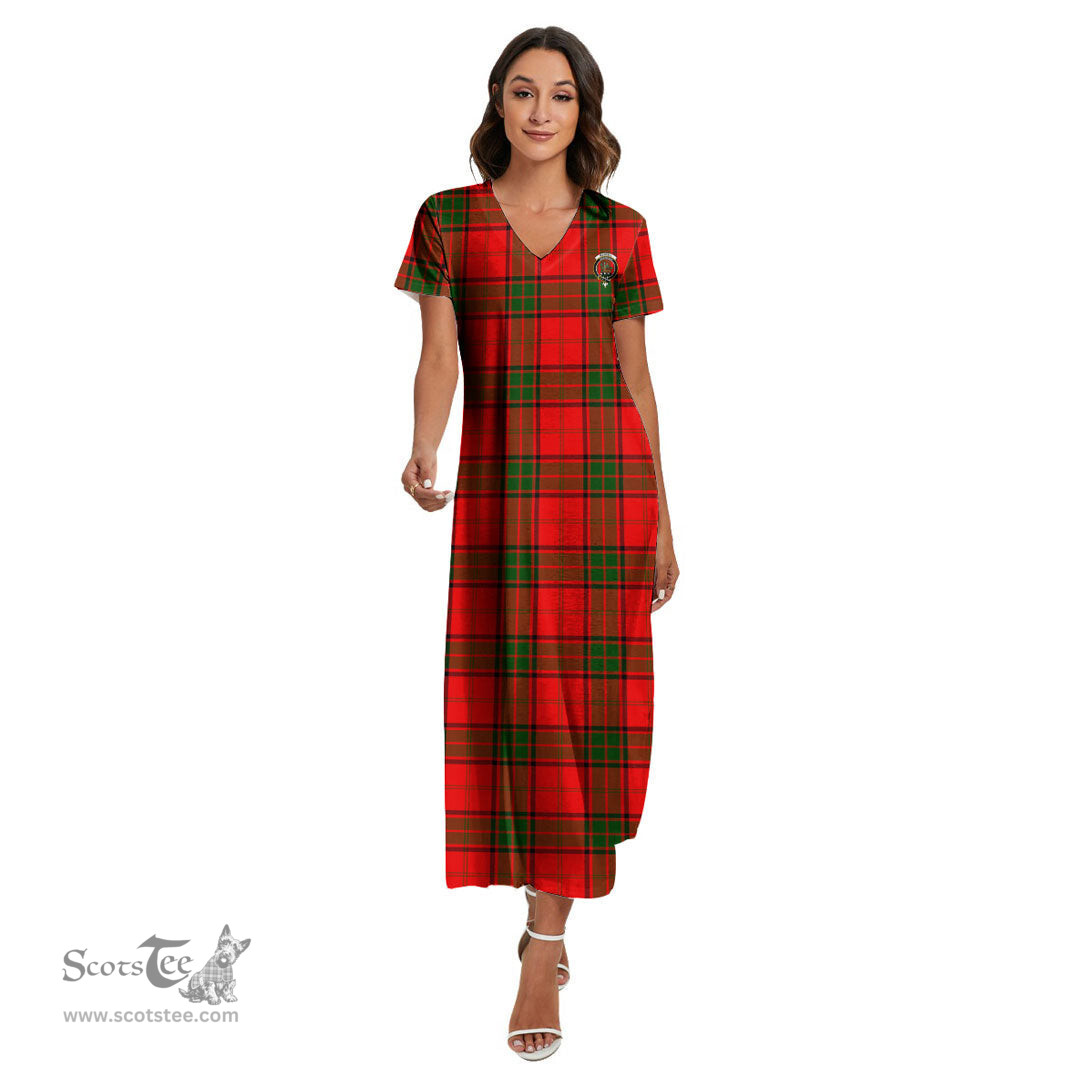 ScotsTee Shop Scottish Maxwell Modern Clan Crest Tartan Womens Fitted V-neck Side Slit Maxi Dress