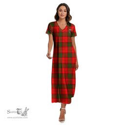 ScotsTee Shop Scottish Maxwell Modern Clan Crest Tartan Womens Fitted V-neck Side Slit Maxi Dress