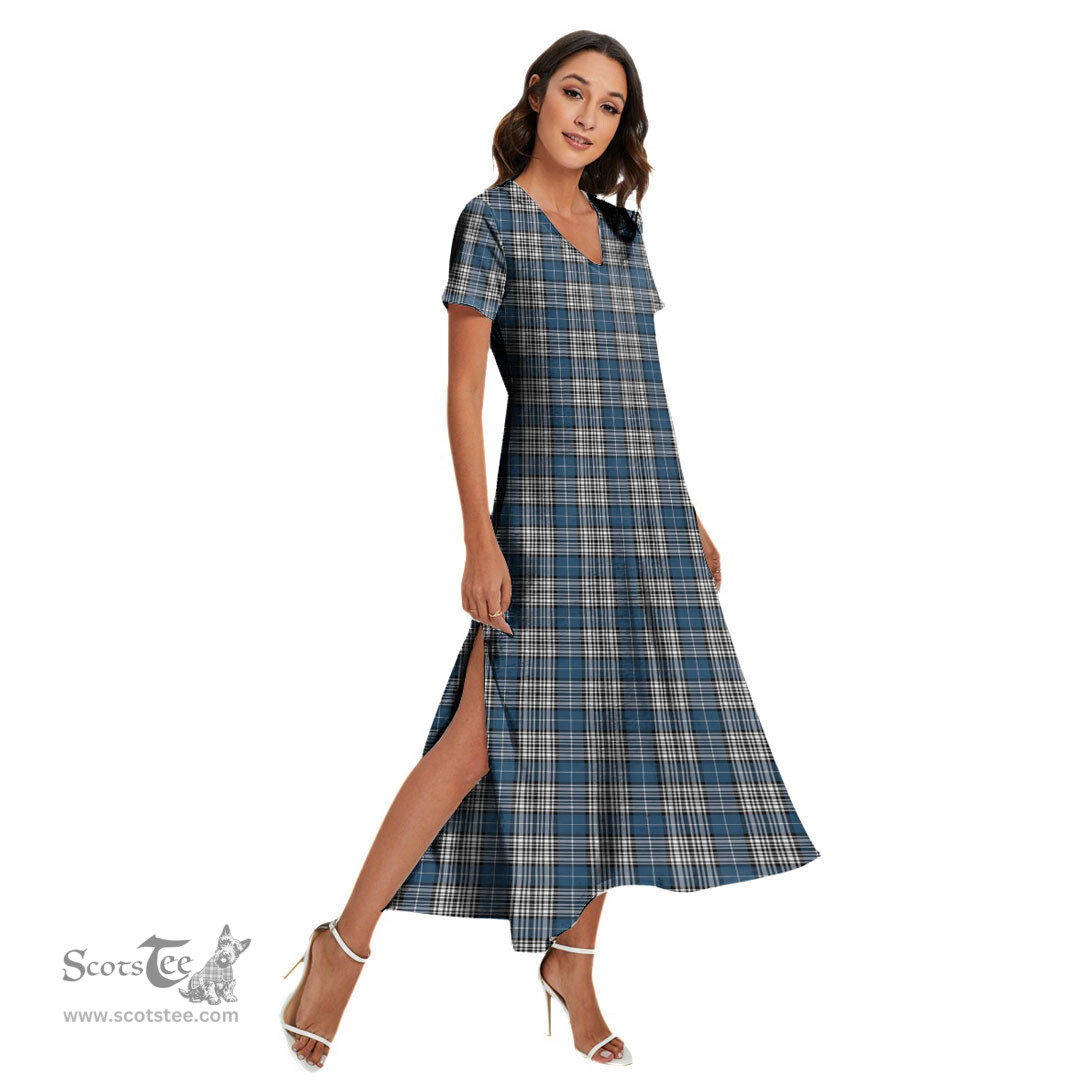 ScotsTee Shop Scottish Napier Modern Clan Tartan Womens Fitted V-neck Side Slit Maxi Dress