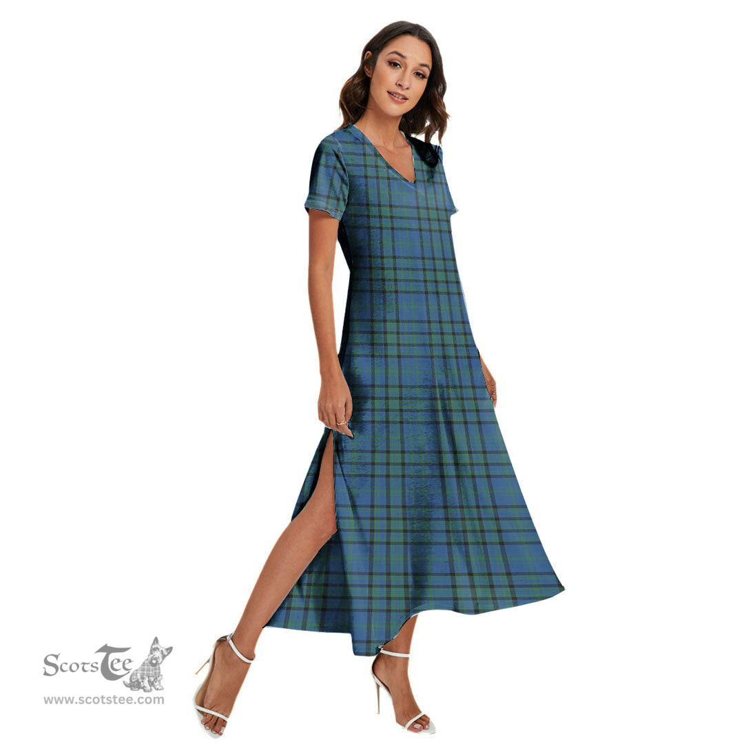 ScotsTee Shop Scottish Matheson Hunting Ancient Clan Tartan Womens Fitted V-neck Side Slit Maxi Dress