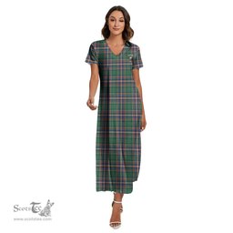 ScotsTee Shop Scottish MacFarlane Hunting Ancient Clan Crest Tartan Womens Fitted V-neck Side Slit Maxi Dress