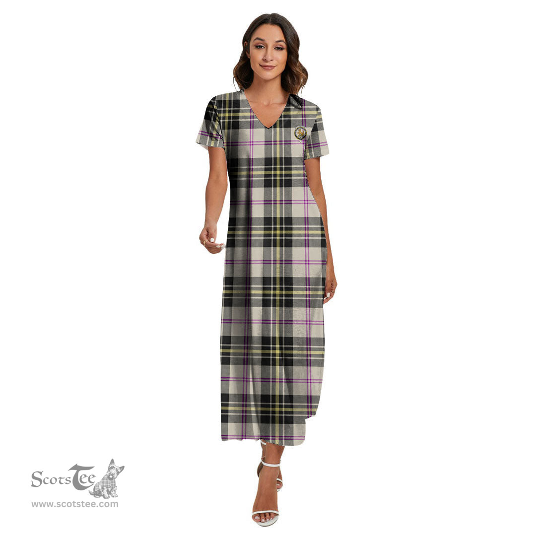 ScotsTee Shop Scottish MacPherson Dress Ancient Clan Crest Tartan Womens Fitted V-neck Side Slit Maxi Dress