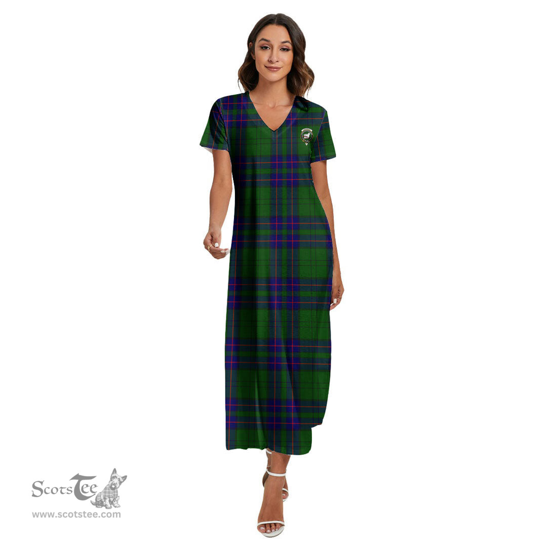 ScotsTee Shop Scottish Lockhart Modern Clan Crest Tartan Womens Fitted V-neck Side Slit Maxi Dress