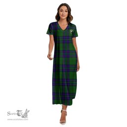 ScotsTee Shop Scottish Lockhart Modern Clan Crest Tartan Womens Fitted V-neck Side Slit Maxi Dress