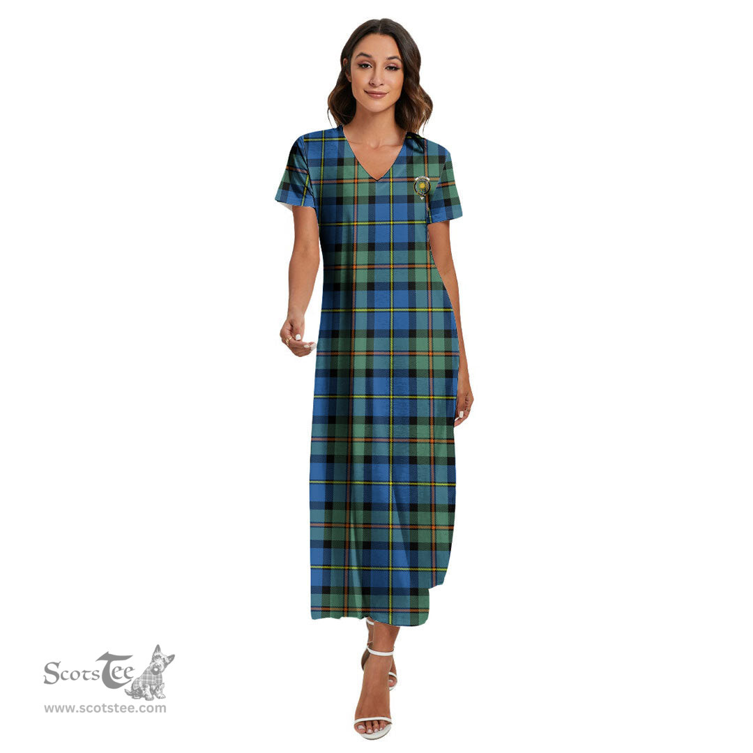 ScotsTee Shop Scottish MacLeod of Harris Ancient Clan Crest Tartan Womens Fitted V-neck Side Slit Maxi Dress