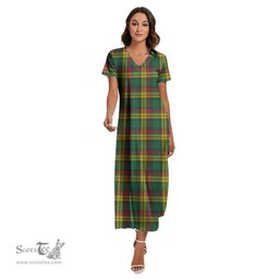 ScotsTee Shop Scottish MacMillan Old Ancient Clan Tartan Womens Fitted V-neck Side Slit Maxi Dress