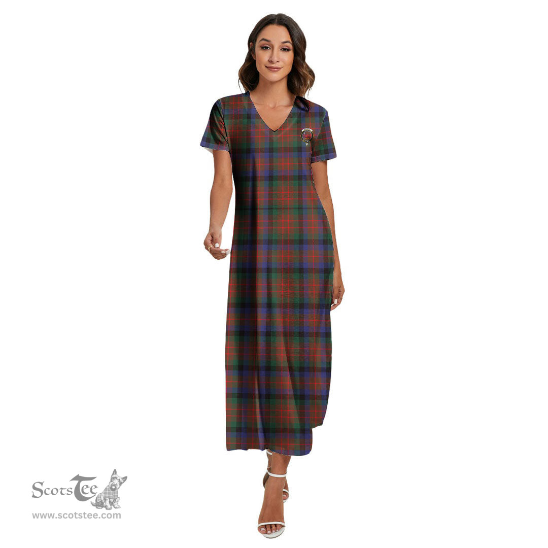 ScotsTee Shop Scottish MacDuff Hunting Modern Clan Crest Tartan Womens Fitted V-neck Side Slit Maxi Dress