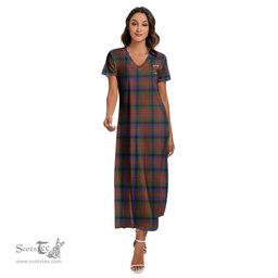 ScotsTee Shop Scottish MacDuff Hunting Modern Clan Crest Tartan Womens Fitted V-neck Side Slit Maxi Dress