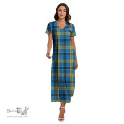 ScotsTee Shop Scottish Laing Clan Crest Tartan Womens Fitted V-neck Side Slit Maxi Dress