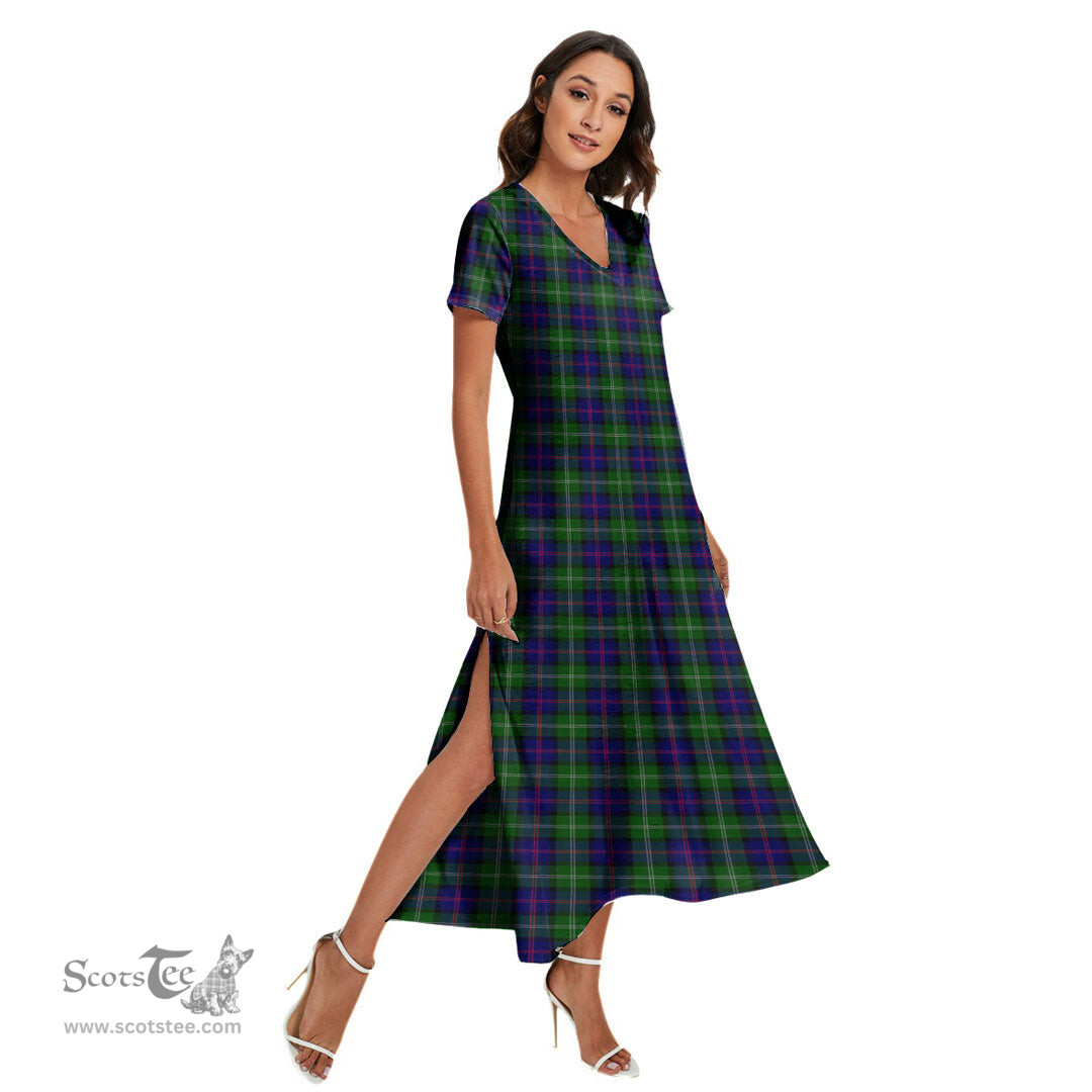 ScotsTee Shop Scottish MacThomas Modern Clan Tartan Womens Fitted V-neck Side Slit Maxi Dress