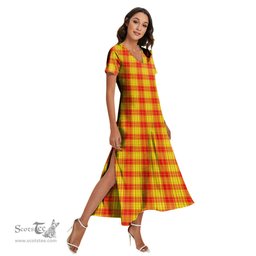 ScotsTee Shop Scottish MacMillan Clan Clan Tartan Womens Fitted V-neck Side Slit Maxi Dress
