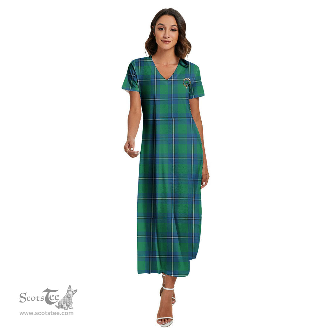 ScotsTee Shop Scottish Irvine Ancient Clan Crest Tartan Womens Fitted V-neck Side Slit Maxi Dress