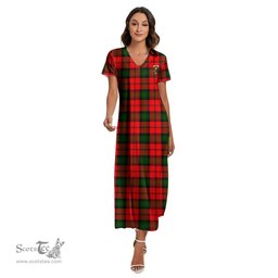 ScotsTee Shop Scottish Kerr Modern Clan Crest Tartan Womens Fitted V-neck Side Slit Maxi Dress