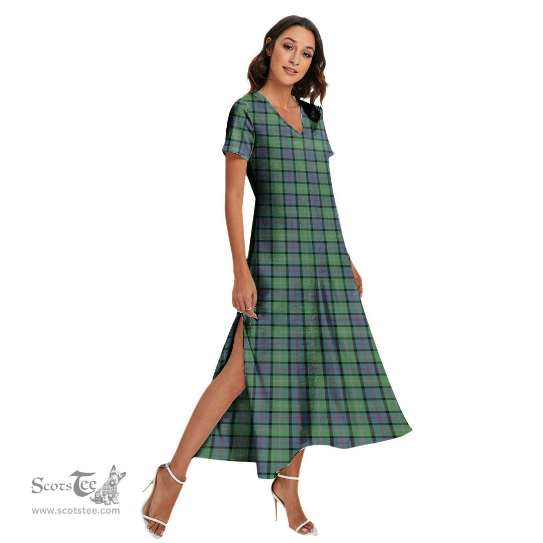 ScotsTee Shop Scottish MacThomas Ancient Clan Tartan Womens Fitted V-neck Side Slit Maxi Dress
