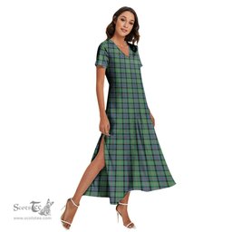 ScotsTee Shop Scottish MacThomas Ancient Clan Tartan Womens Fitted V-neck Side Slit Maxi Dress